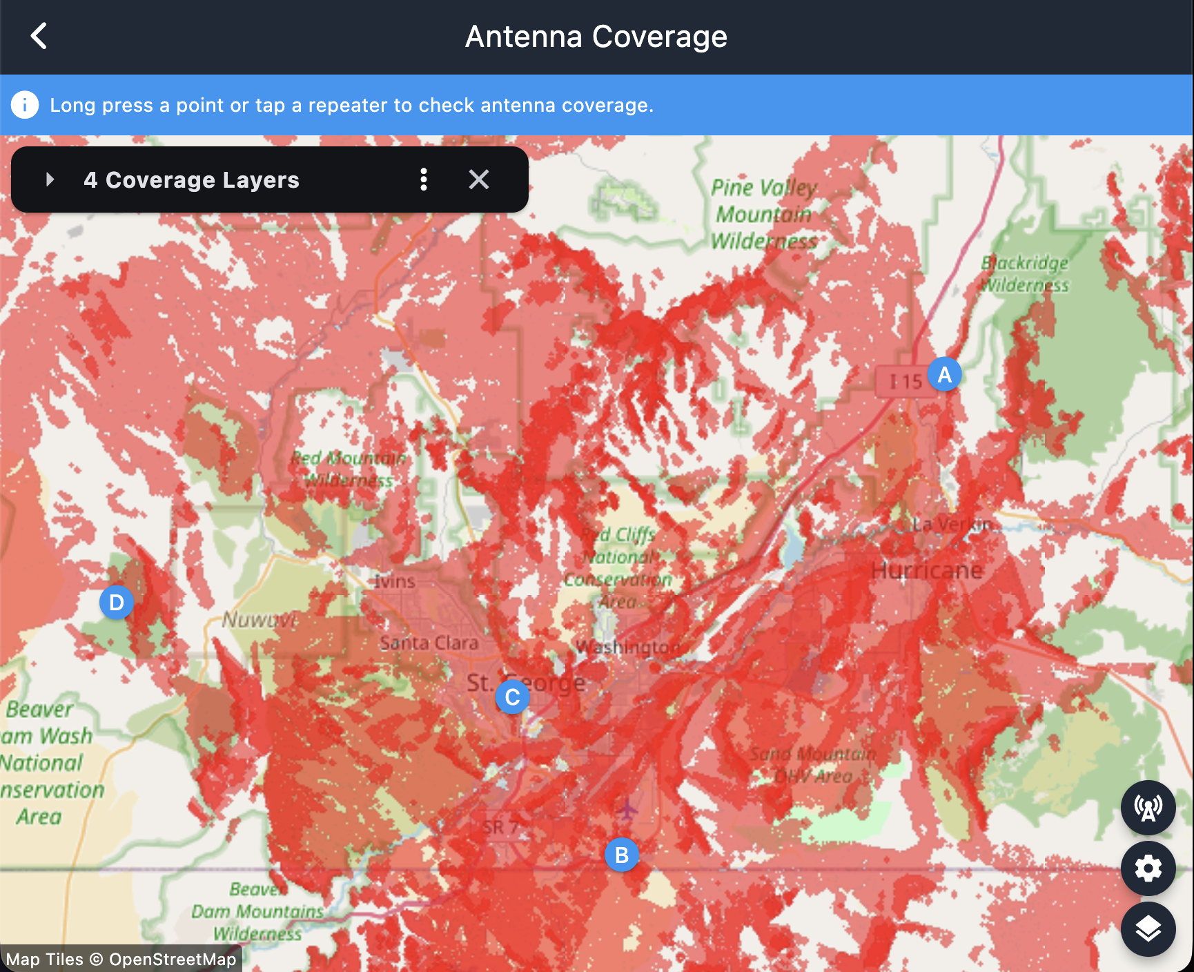 Antenna coverage map with four overlaid coverage layers including Utah Hill