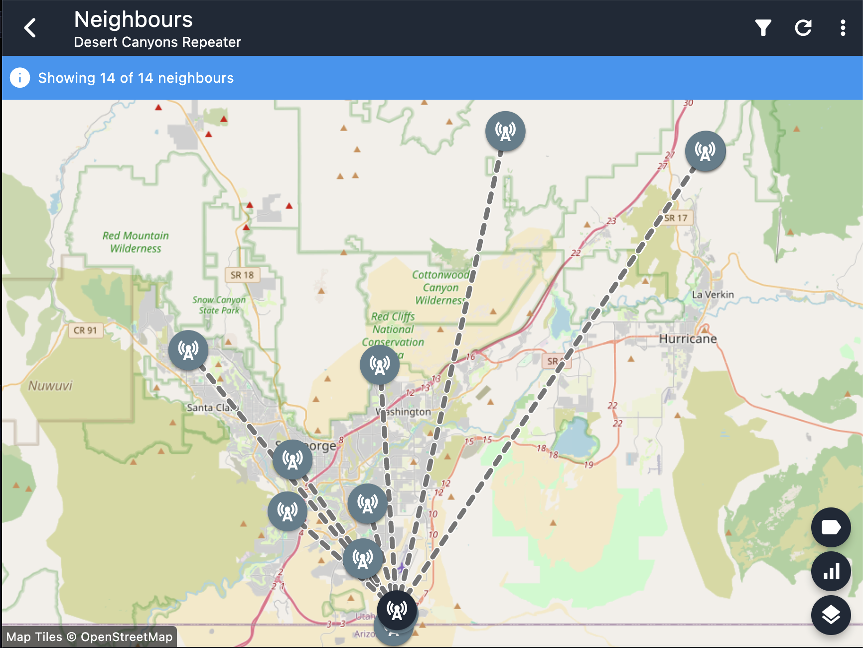 Neighbor map for the Desert Canyons repeater showing fourteen linked nodes