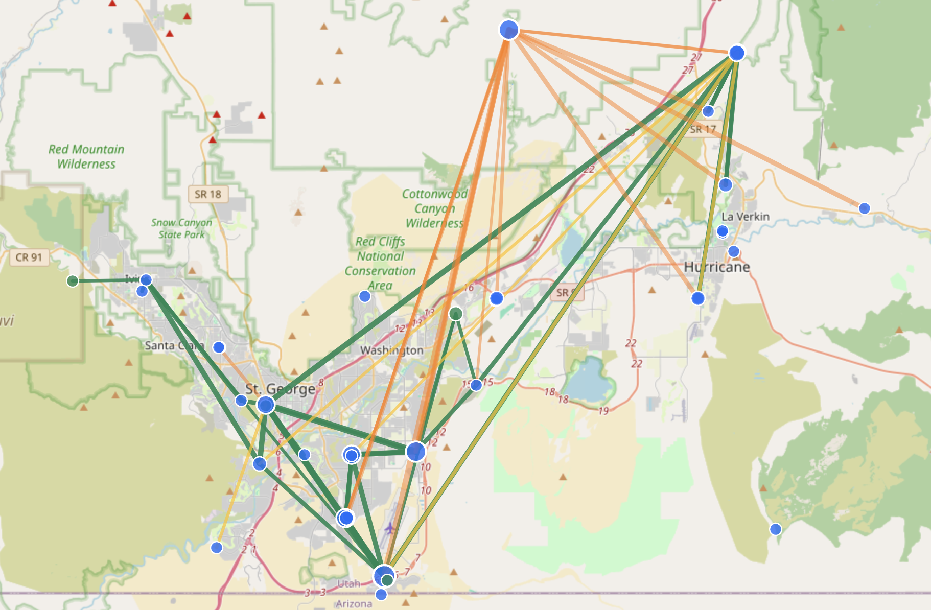 Map of Dixie Mesh nodes and observed radio links around St. George, Washington, Hurricane, and La Verkin