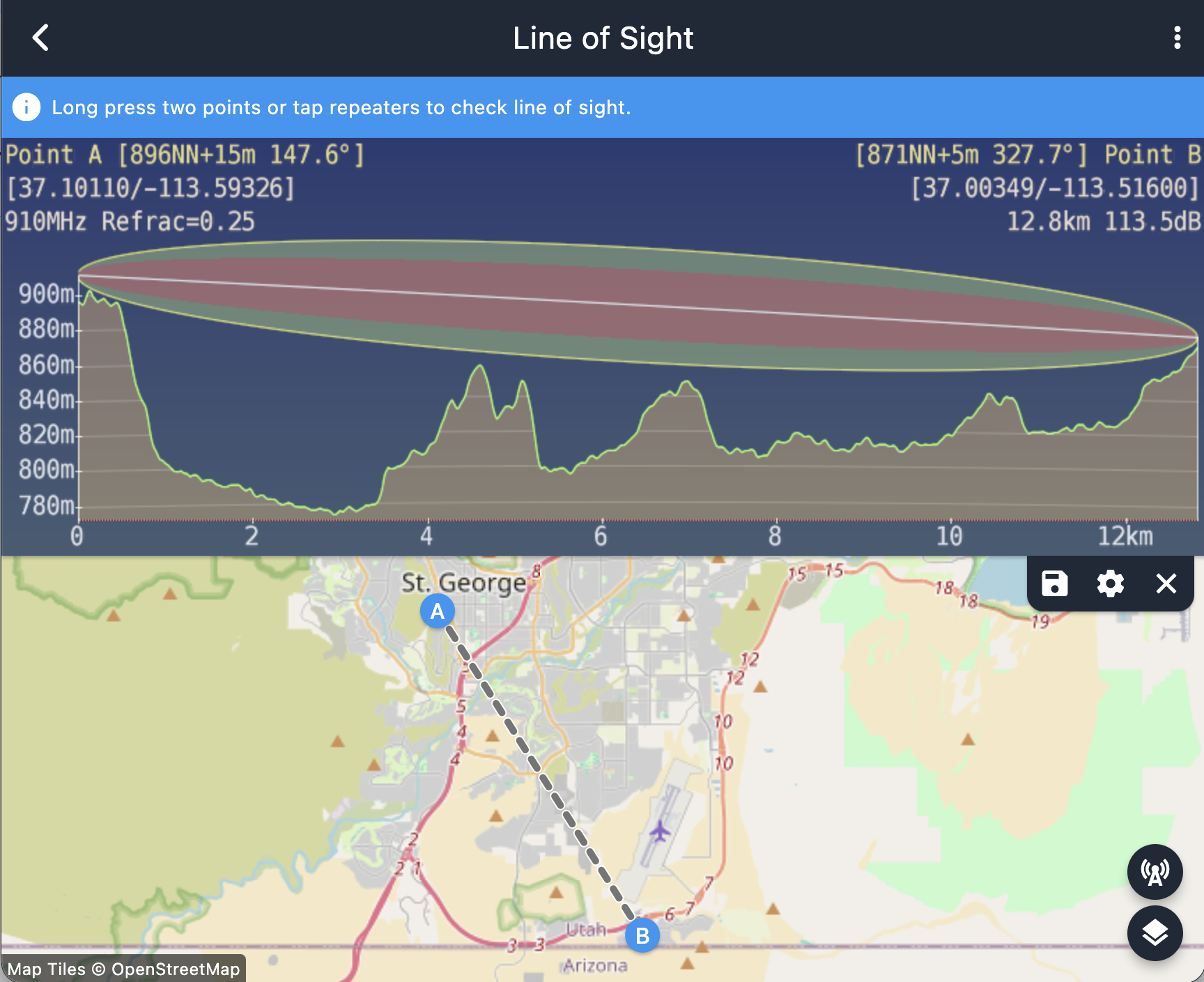 Line of sight tool showing a terrain profile and Fresnel zone between two points