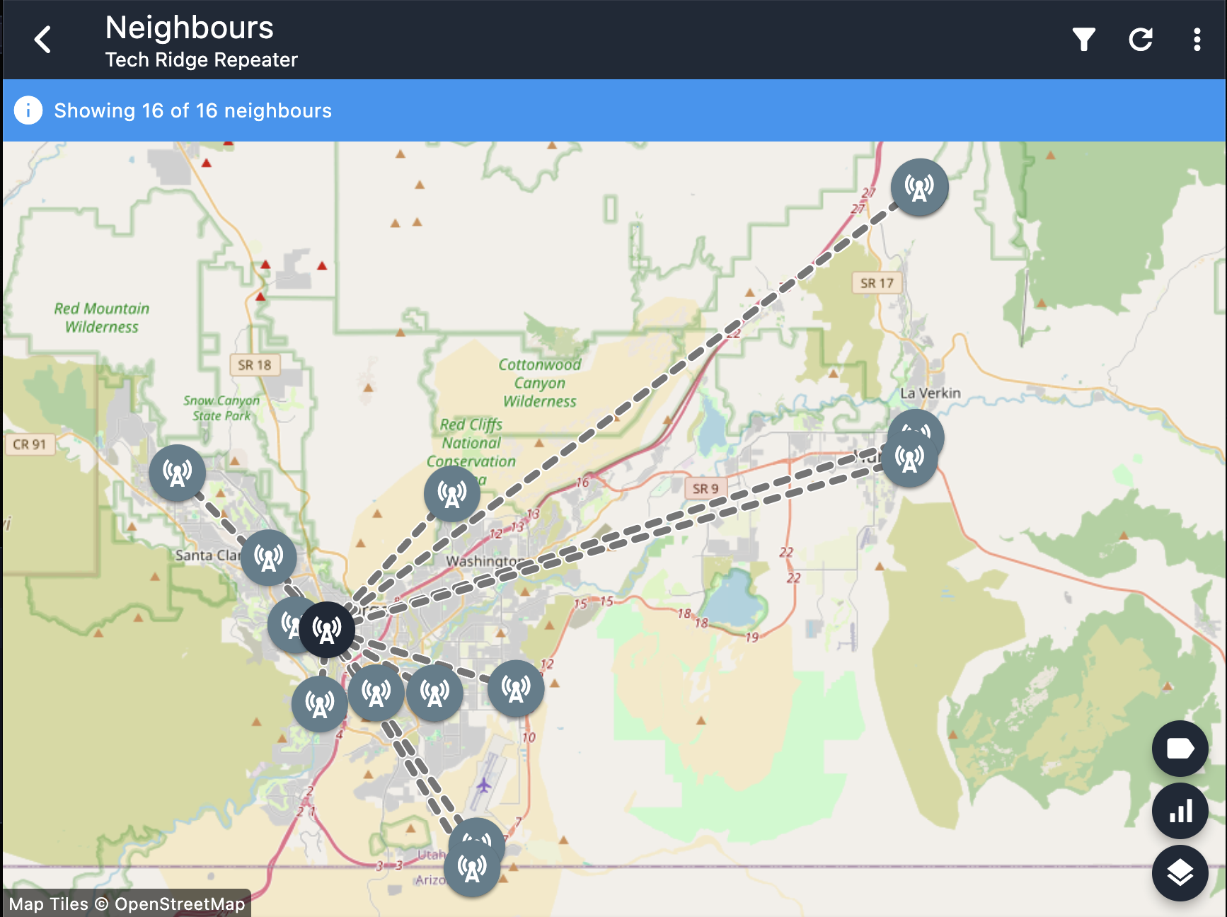 Neighbor map for the Tech Ridge repeater showing sixteen linked nodes