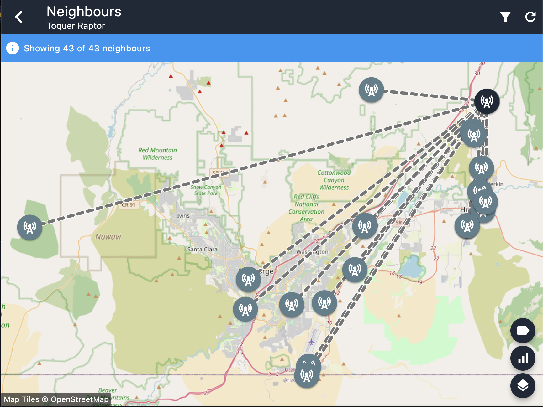 Neighbor map for the Toquer Raptor repeater showing forty-three linked nodes