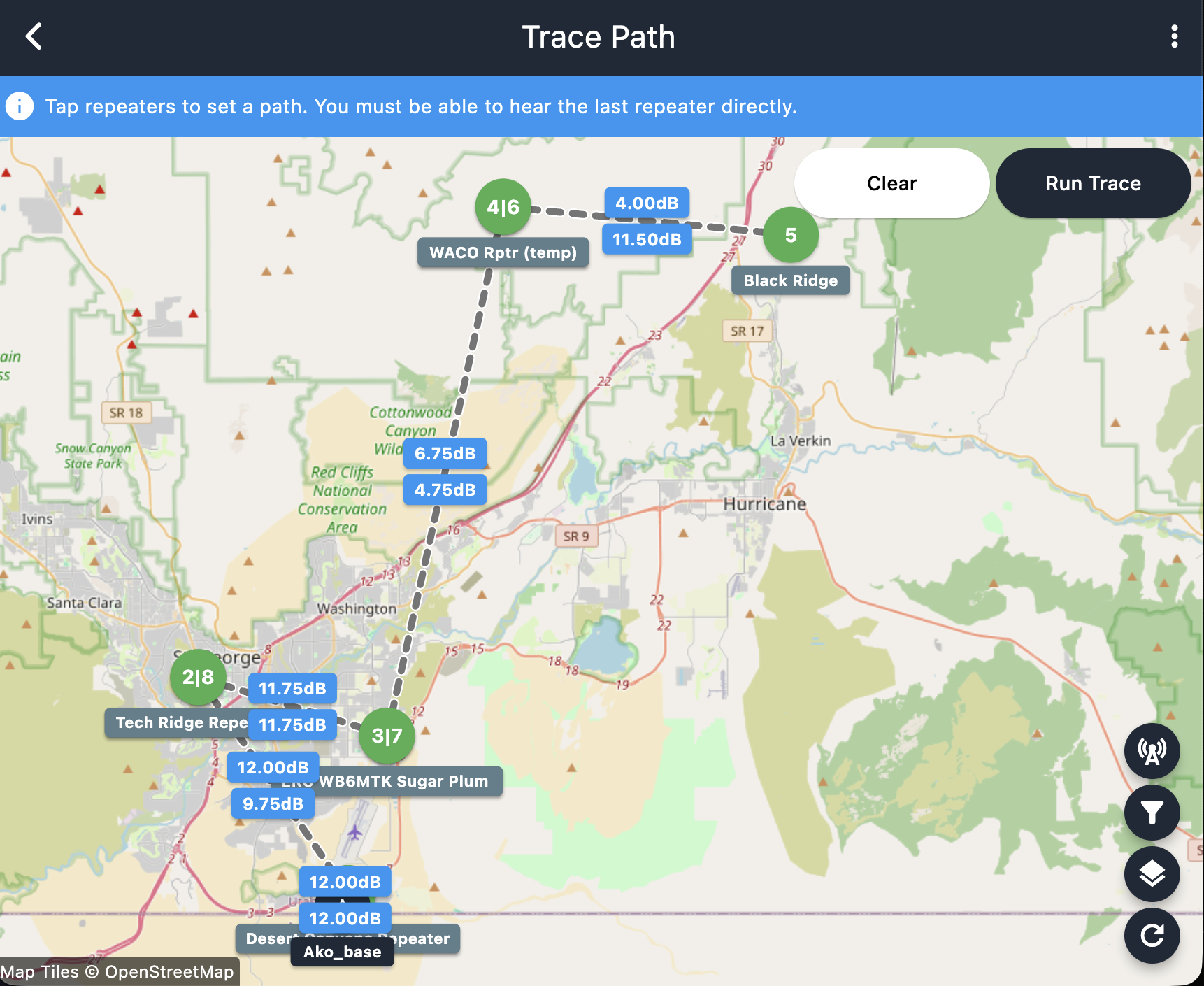 Trace path tool showing a selected multi-repeater route and link margins